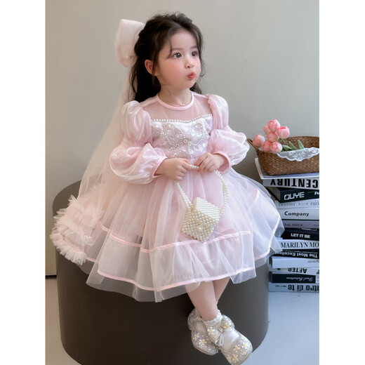 G.duck little yellow duck girls fashionable spring and autumn mesh tutu skirt new style children's long-sleeved temperament mesh host skirt pink gift veil 90 recommended 80-90cm 1-2 years old or so