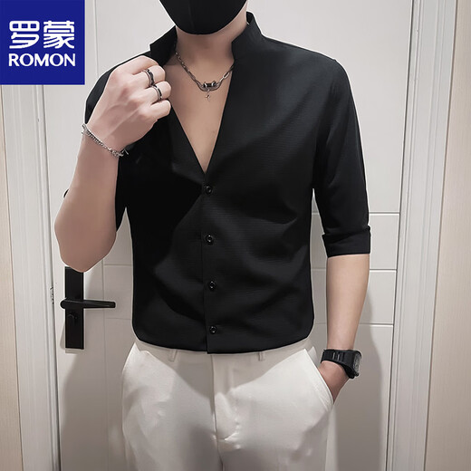 ROMON summer V-neck shirt men's short-sleeved trendy half-sleeved shirt 2026 new design trendy brand stand-up collar mid-sleeve men's clothing white XL recommended (125-135Jin Jin equals 0.5 kg)