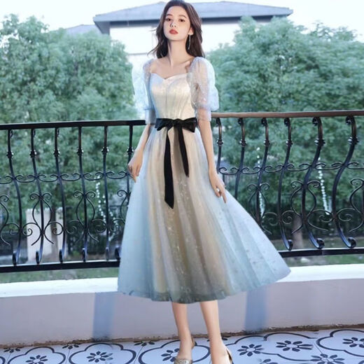 简方位宴会晚礼服裙女平时可穿气质年会礼服女 小个子感晚礼服裙女宴会 香槟色 长款 均码 m