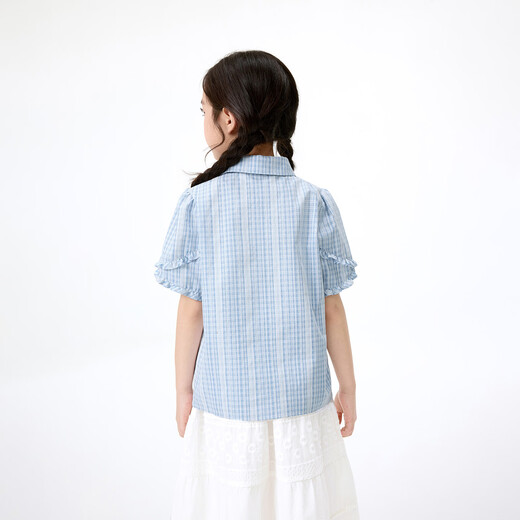 Xiaoyinman children's clothing girls plaid shirt breathable lace cuffs 26 summer mid-sized children's lapel casual top blue 150