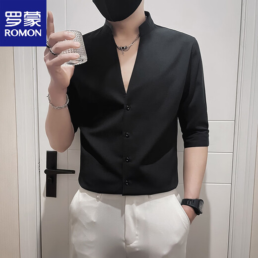 ROMON summer V-neck shirt men's short-sleeved trendy half-sleeved shirt 2026 new design trendy brand stand-up collar mid-sleeve men's clothing white XL recommended (125-135Jin Jin equals 0.5 kg)