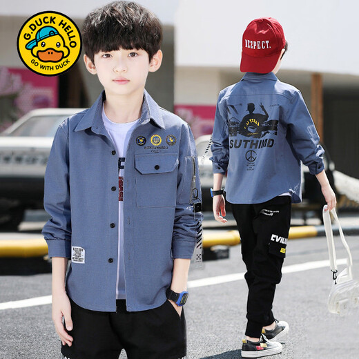 G.duck Boys' Shirt Long Sleeve 2026 New Children's Shirt Spring and Autumn Style Medium and Large Children's Little Boys Thin Autumn Clothes Trendy and Handsome Blue 140 cm