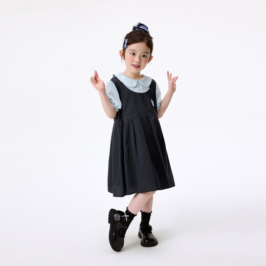 Xiaoyinman girls fake two-piece dress college style cartoon embroidery 26 summer dress fashionable and sweet doll collar suspender skirt navy 105