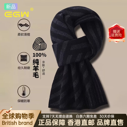 EGW international luxury brand 100% pure wool men's scarf winter 2025 new business warm gift scarf black gray gift box