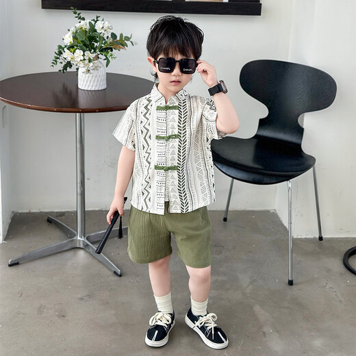 Ultraman boys new Chinese short-sleeved shirt suit summer 2025 new children's baby summer suit two-piece Chinese style Tang suit green 100 cm