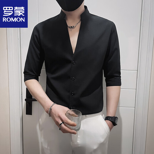 ROMON summer V-neck shirt men's short-sleeved trendy half-sleeved shirt 2026 new design trendy brand stand-up collar mid-sleeve men's clothing white XL recommended (125-135Jin Jin equals 0.5 kg)