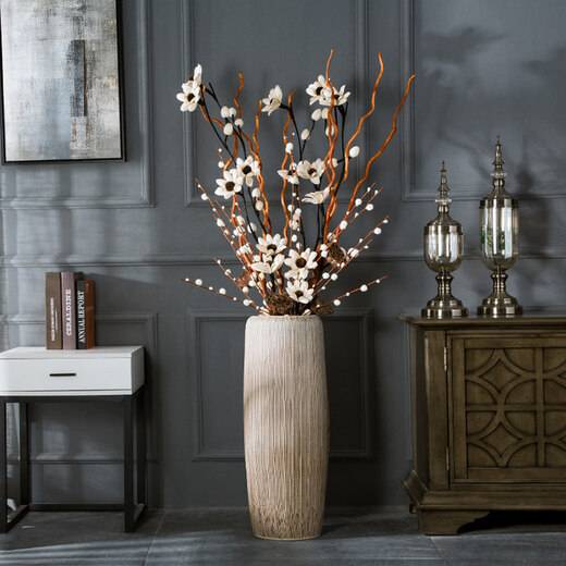 Modern simple light color soft decoration Jingdezhen ceramic floor-standing vase living room flower arrangement dried flower large decorative ornaments bark pattern 60cm + sunflower set