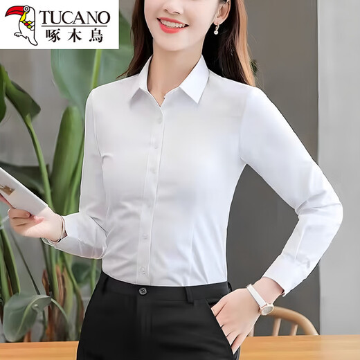 Woodpecker's new autumn office wear white shirt long-sleeved feminine slim fit solid color OL office top women's navy blue shirt black 5XL