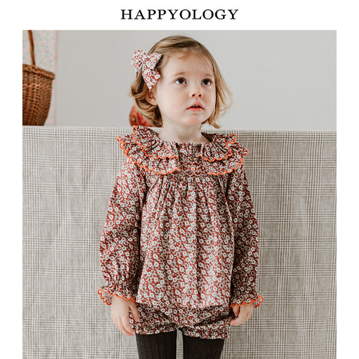 Happyology British autumn tops children's suit handmade smock embroidered shirt printed long sleeves