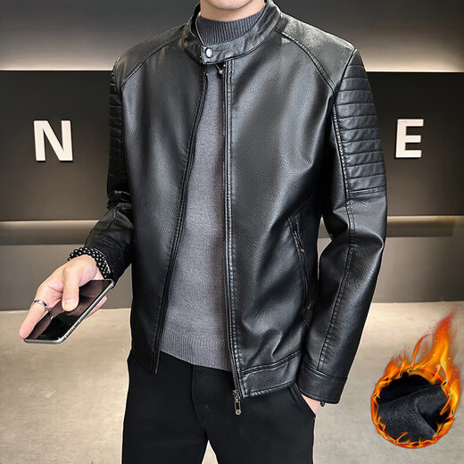 High-quality handsome leather jacket for men in autumn and winter 2025 new fashion stand-up collar jacket plus velvet thickened versatile leather jacket black thickened XL