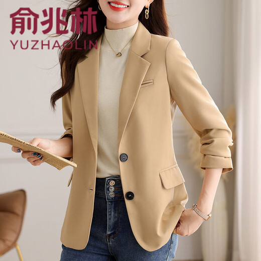 Yu Zhaolin (YUZHAOLIN) out of stock early spring khaki casual suit jacket for women spring and autumn versatile 2026 spring new temperament right shoulder top khaki 3XL (recommended 130-140Jin Jin equals 0.5 kg)