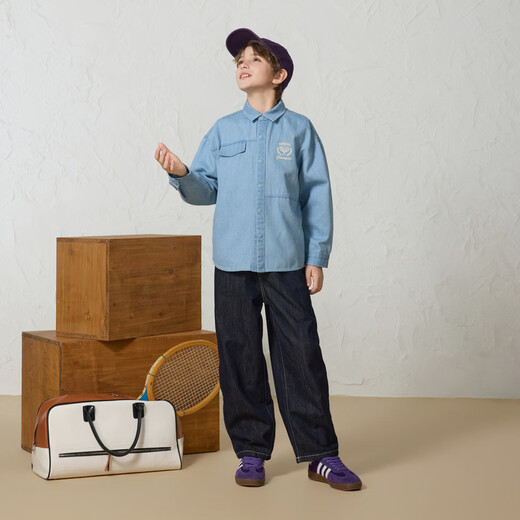 MQD Boys' College Style Travel Wear Lapel Denim Shirt Washed