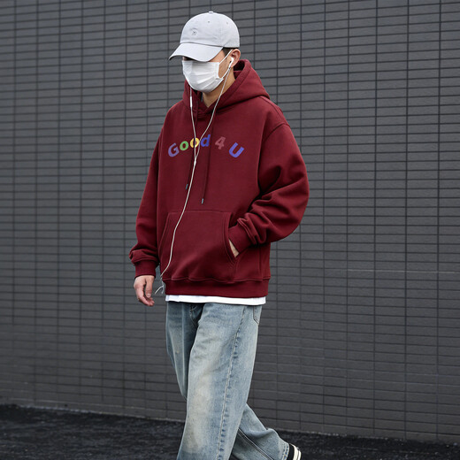 JEEP SPIRIT American retro couple sweatshirt 2026 spring new loose trendy brand versatile hooded top jacket burgundy S recommended 95-120 Jin Jin equals 0.5 kg