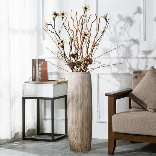 Modern simple light color soft decoration Jingdezhen ceramic floor-standing vase living room flower arrangement dried flower large decorative ornaments bark pattern 60cm + sunflower set