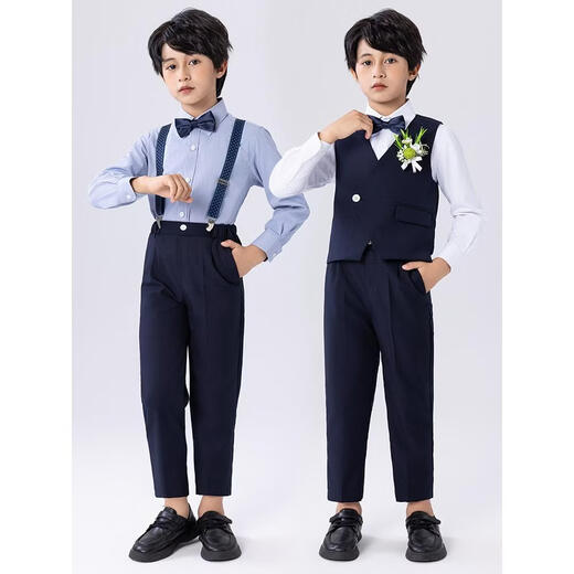 WVD children's piano performance suit boy dress flower girl dress birthday suit British style small host suit suspender style four-piece set - suspender + blue long sleeve + hidden e 130 CM