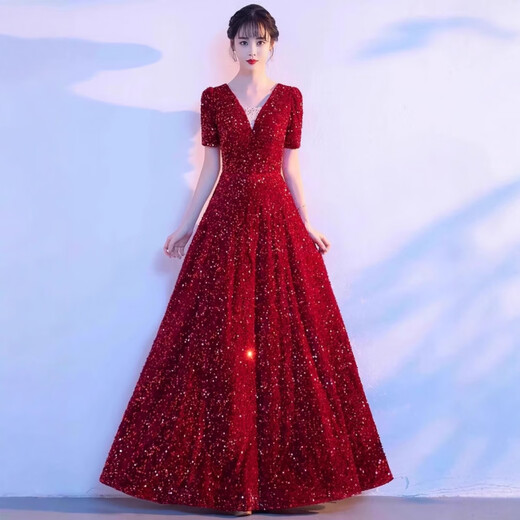 Mofu burgundy cantata costume for women, long skirt, singing red song dress, choir costume, competition conductor performance costume, red XS