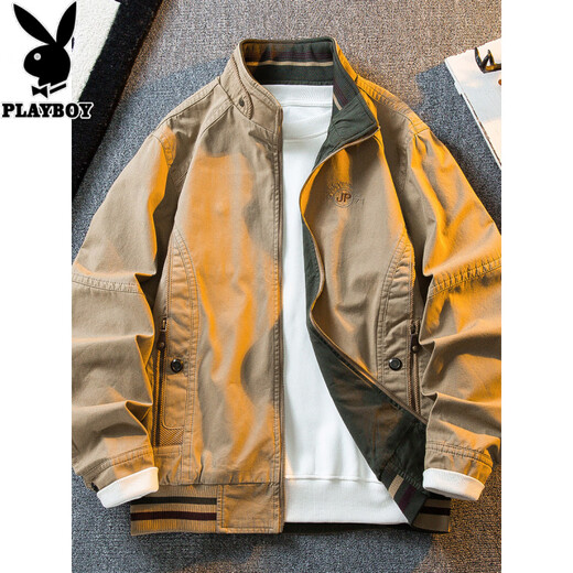 花花公子复古立领猎装夹克男春秋款潮流男士休闲双面穿外套男秋装 军绿/卡其 2XL