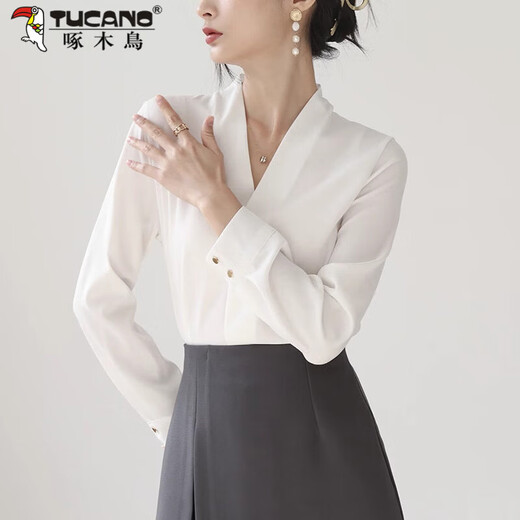 Woodpecker high-end collarless white shirt women's work clothes top autumn style temperament chiffon v-neck professional long-sleeved shirt white L