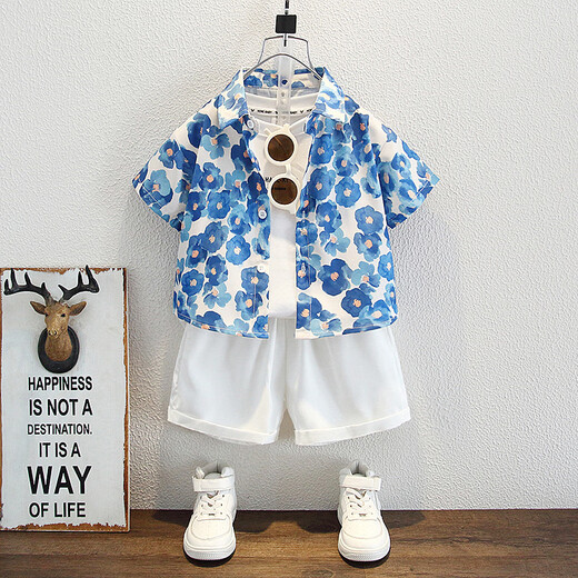 Ultraman Boys Summer Korean Style Graffiti Shirt Set 2025 New Children's Short Sleeve Baby Denim Shorts Two-piece Set Trendy Suit 100 cm