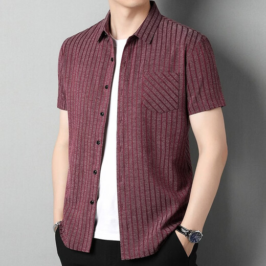 LILANZ mulberry silk real pocket shirt men's summer thin short-sleeved shirt middle-aged loose striped non-iron top 8200023 dark blue thin XL (175) 115 recommended 140-155 Jin Jin equals 0.5 kg
