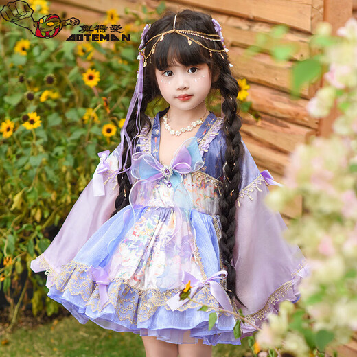 Ultraman Lolita Girls Princess Dress Spring and Autumn Children's Lolita Puff Skirt Little Girl New Chinese Dress Purple (skirt comes with tail) 100 cm