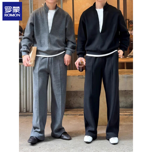 ROMON spring design stitched collar fake two-piece sweatshirt suit for men, trendy, handsome, high-end, old money style two-piece suit, black regular M