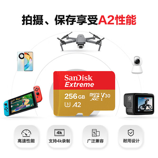 闪迪（SanDisk）256GB TF(MicroSD)内存卡 4K极速金卡A2 V30 U3行车记录仪 运动相机无人机 监控存储卡 读190MB/s