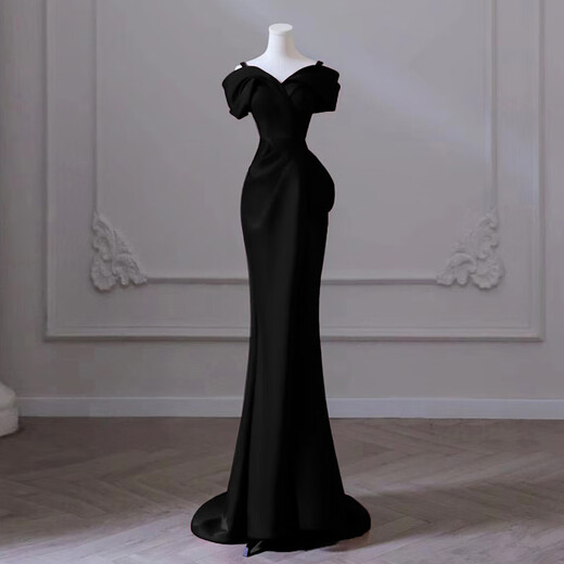 UKUHPK one-shoulder black evening dress 2026 banquet-style fishtail skirt light luxury niche host dress black tail XL
