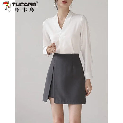 Woodpecker high-end collarless white shirt women's work clothes top autumn style temperament chiffon v-neck professional long-sleeved shirt white L