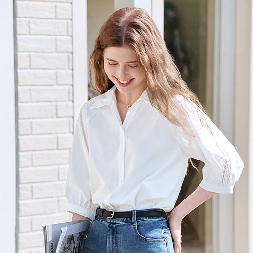 Betu women's new summer shirt sleeves with lace stitching three-quarter sleeves anti-wrinkle shirt for women 2503T40