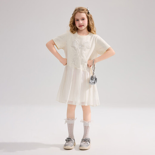 ASK JUNIOR girls skirt summer new thin breathable children's short-sleeved T-shirt group casual teen princess skirt beige 110