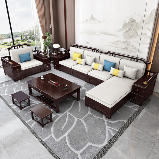 Zihua Massives Holzsofa Wohnzimmer Neues chinesisches Stil Schwarz Gold Holz Aufbewahrung Imperial Concubine Stoff Kombination Leicht Luxus kleine Wohnung Möbel