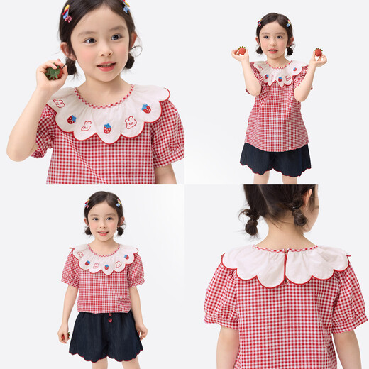 Xiaoyinman children's clothing girls cartoon wave collar shirt breathable 26 years old children's loose casual short-sleeved top red plaid 140