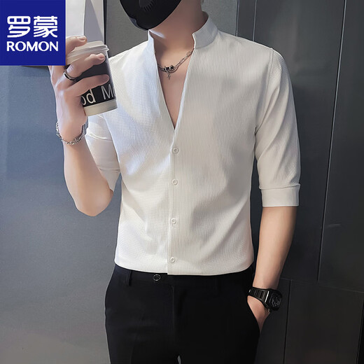 ROMON summer V-neck shirt men's short-sleeved trendy half-sleeved shirt 2026 new design trendy brand stand-up collar mid-sleeve men's clothing white XL recommended (125-135Jin Jin equals 0.5 kg)