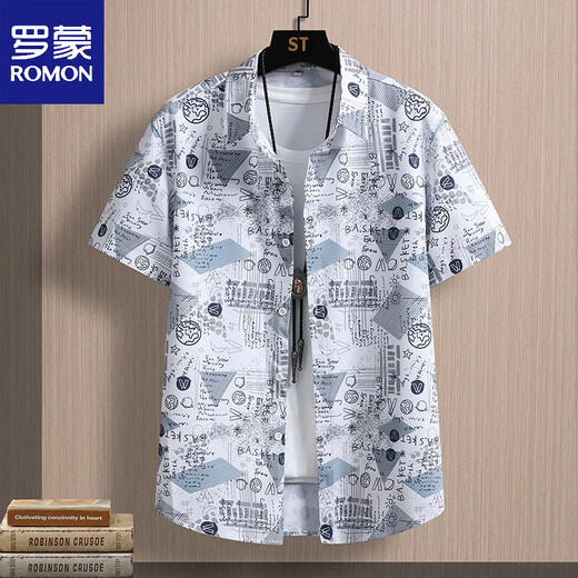 ROMON summer ice silk short-sleeved shirt men's Korean fashion floral shirt versatile outer wear casual men's striped shirt JT7028 white M 90-109Jin Jin equals 0.5 kg