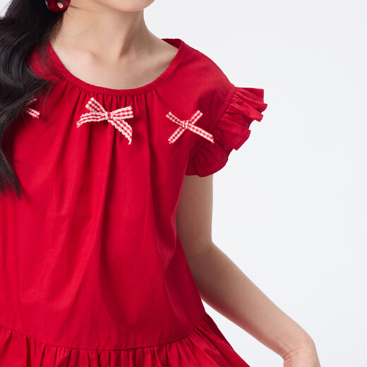 Xiaoyinman children's clothing girls small flying sleeve shirt bow decoration 26 summer children's casual tops for middle and large children red 160