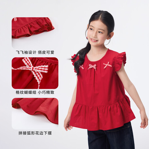 Xiaoyinman children's clothing girls small flying sleeve shirt bow decoration 26 summer children's casual tops for middle and large children red 160
