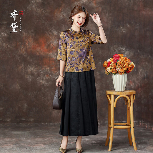 QUEDIT (QUEDIT) temperamento camisa de seda de estilo nacional 2026 verano nuevo estilo cuello alto botón de placa manga cinco cuartos seda de morera ropa de madre digna Qiutang Hilo Dorado / 21 Satén elástico de seda Mumi L Recomendado 110Jin Jin es igual a dentro de 0,5 kg