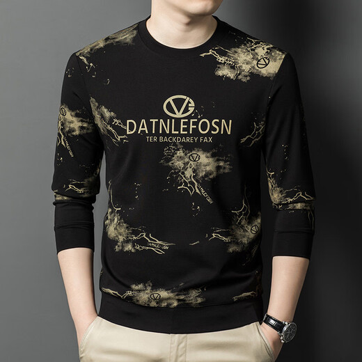 K-Boxing Men's 2026 Spring New Round Neck Printed Sweater Fashion Trend Versatile Long Sleeve T-Shirt Casual Bottoming Top Black M