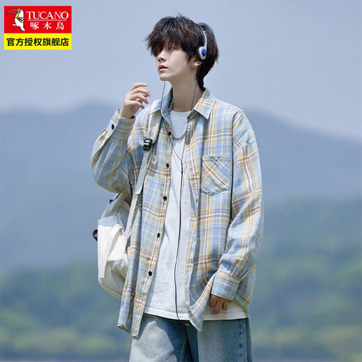 Woodpecker (TUCANO) American plaid long-sleeved shirt men's spring and autumn clothing men's large size jacket yellow plaid 5XL recommended weight 220-240Jin Jin equals 0.5 kg