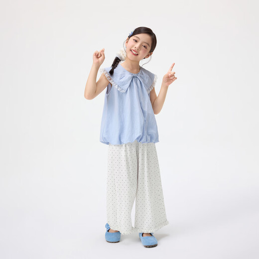 Xiaoyinman ropa para niños camisa con solapa de lazo para niñas 26 camisa fresca y cómoda con dobladillo grande para niños de mediados de verano azul 140