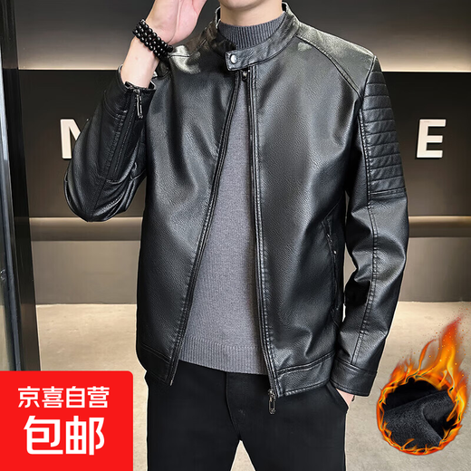 High-quality handsome leather jacket for men in autumn and winter 2025 new fashion stand-up collar jacket plus velvet thickened versatile leather jacket black thickened XL