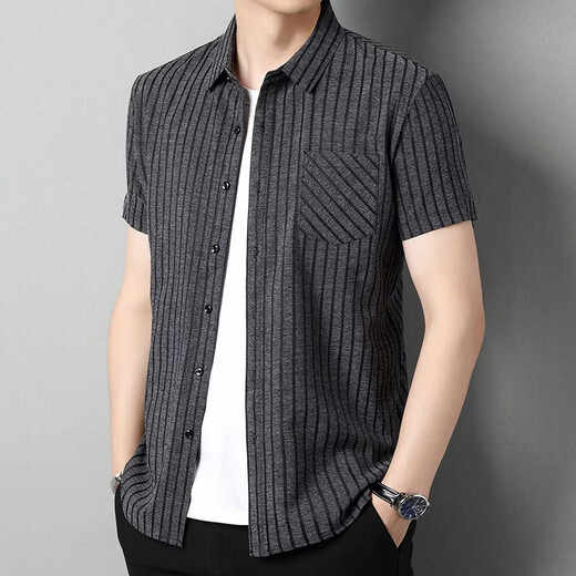 LILANZ mulberry silk real pocket shirt men's summer thin short-sleeved shirt middle-aged loose striped non-iron top 8200023 dark blue thin XL (175) 115 recommended 140-155 Jin Jin equals 0.5 kg