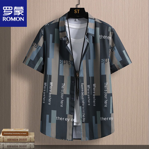 ROMON summer ice silk short-sleeved shirt men's Korean fashion floral shirt versatile outer wear casual men's striped shirt JT7028 white M 90-109Jin Jin equals 0.5 kg
