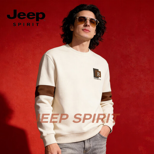 JEEP SPIRIT youth round neck sweatshirt men's autumn and winter 2025 new loose trendy brand pullover spring and autumn long-sleeved bottoming shirt for men white M weight 100-130Jin Jin is equal to 0.5 kg
