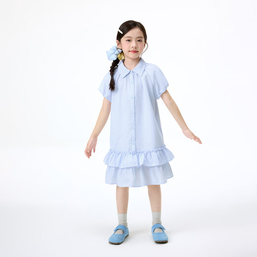 Xiaoyinman children's clothing girls cute puff sleeve dress 26 mid-summer big children's shirt lapel comfortable casual skirt blue strip 110