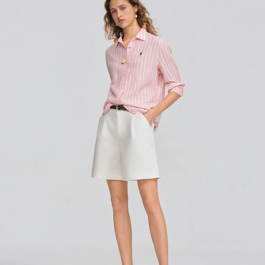 POLOWALK Women's Long Sleeve Shirt 2026 Spring New Contrast Stripe Lapel Commuting Casual Long Sleeve Shirt Pink S S