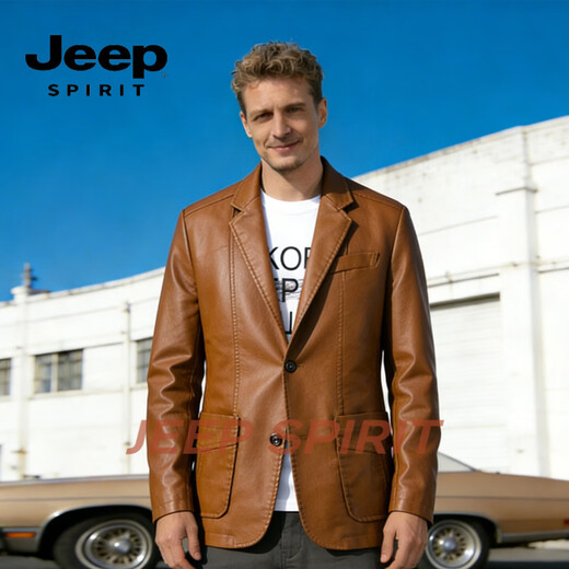 JEEP SPIRIT Men's Leather Jacket Men's Motorcycle Leather Jacket Slim Trendy Handsome Suit Collar Top Men Brown M 100-115 Jin Jin is equal to 0.5 kg