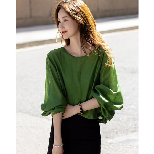 Demana Shuoxypa summer acetate linen lyocell blended shirt lantern sleeve straight loose shirt women's top