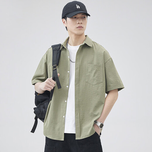 Baleno SK series shirt men's summer solid color Japanese lapel short-sleeved shirt men's loose large size casual top jacket beige gray XL